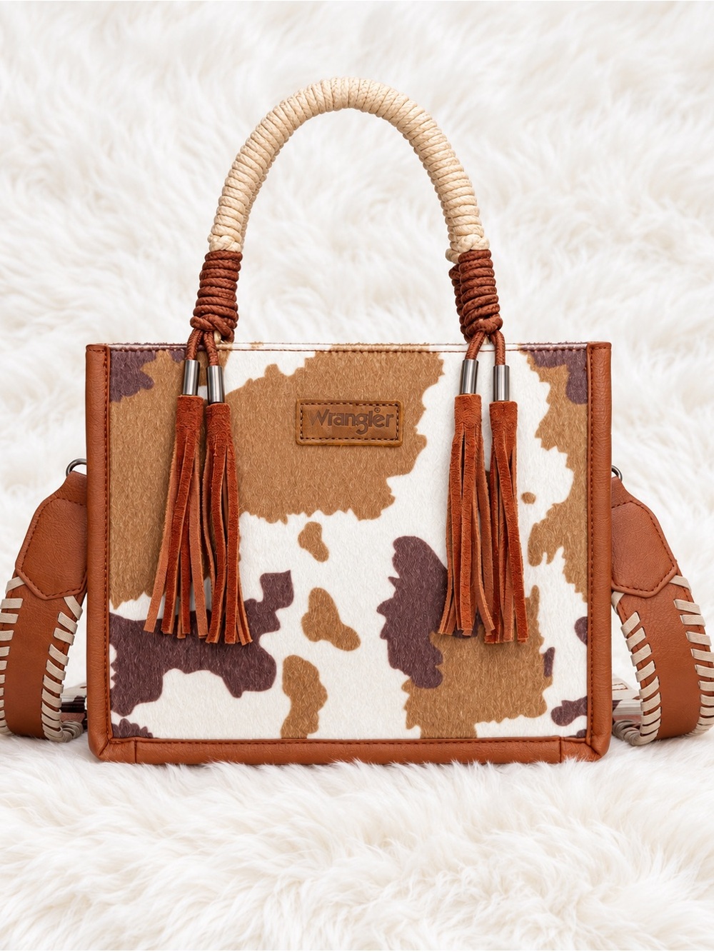 Wrangler Cow Print Western Tote Bag Brown Tassel Crossbody NWT